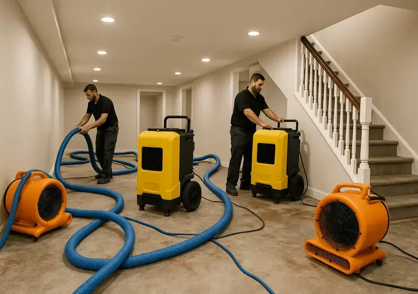 Two restoration technicians setting up air movers, dehumidifiers and extraction hoses inside a home after a water loss